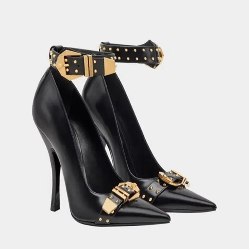 Black Faux Leather Pointed Toe Rivet Buckle Stiletto Pumps For Women
