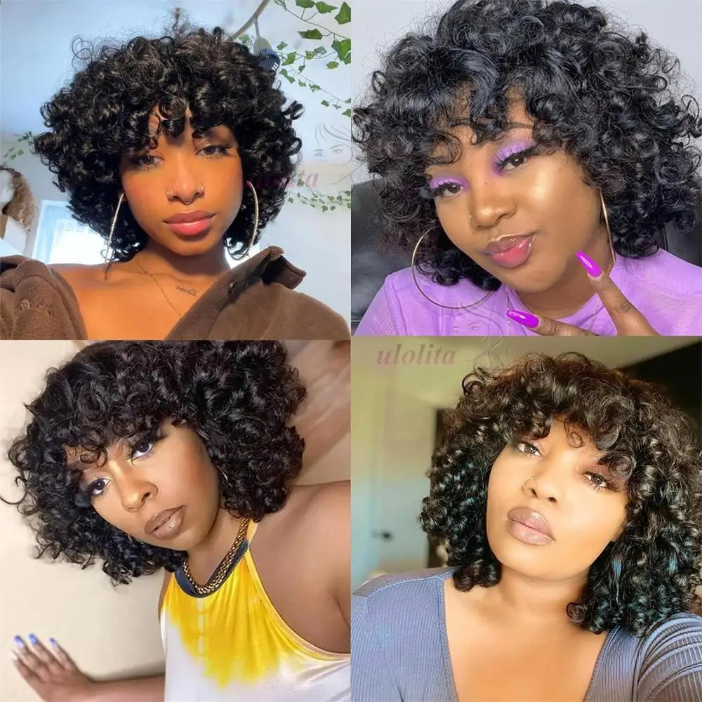 Bouncy Curly Pixie Bob Human Hair Wig With Bangs for Women