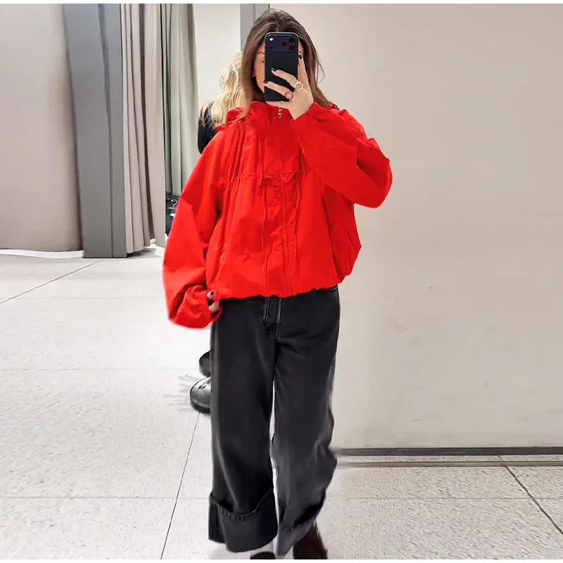 Hooded Zippered Stand Collar Lace-Up Jacket for Women