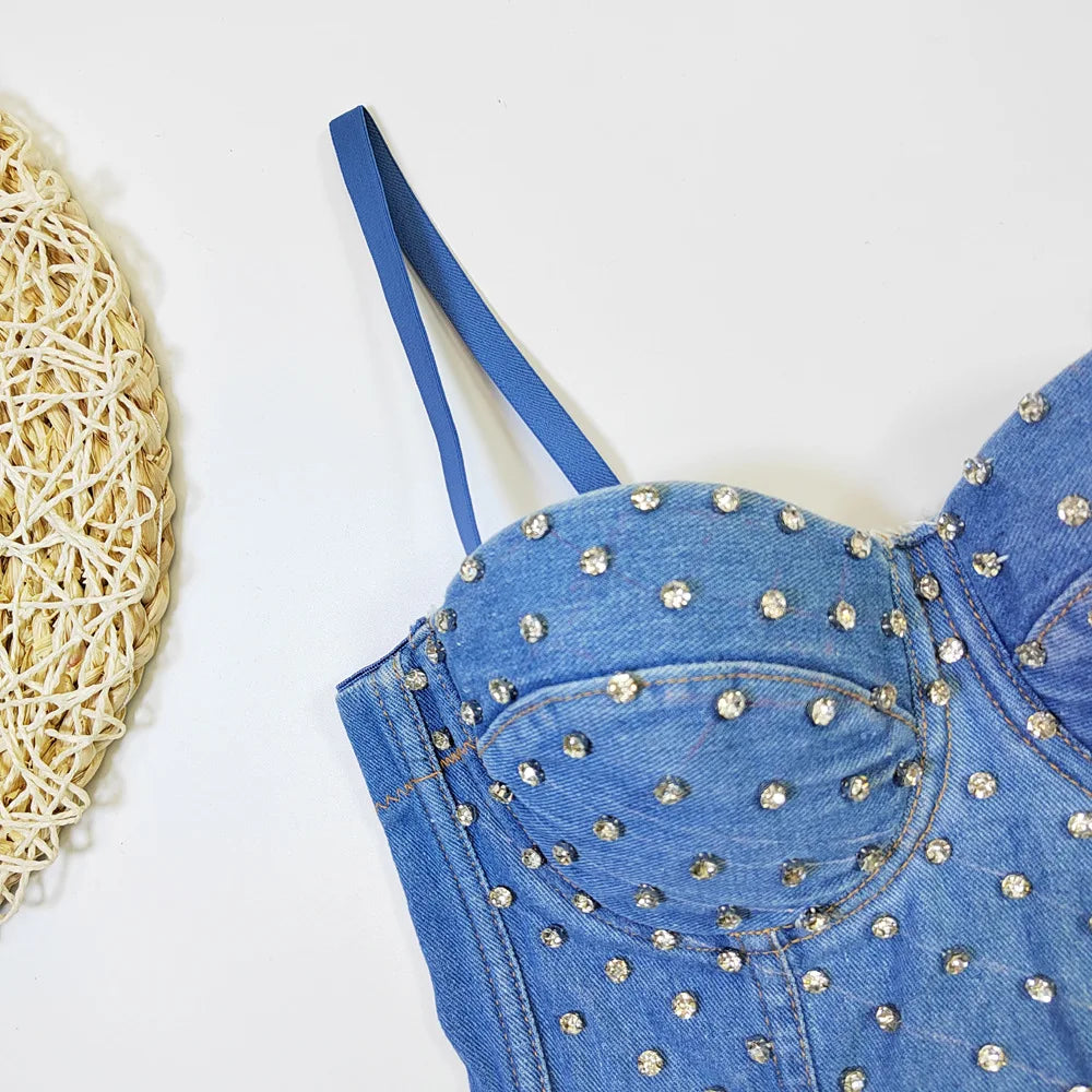 Denim Rhinestone Beaded Spaghetti Strap Bustier for Women