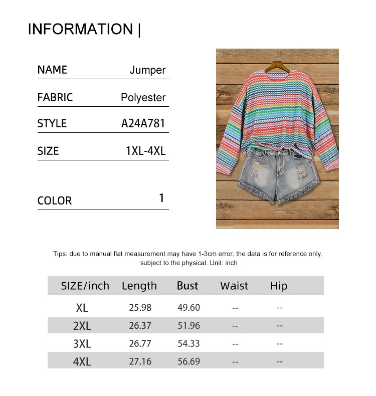 plus Size Hollow Collision Knitted Sweater round Neck Pullover Striped Design Comfortable Fit Women's Fashion Autumn Winter