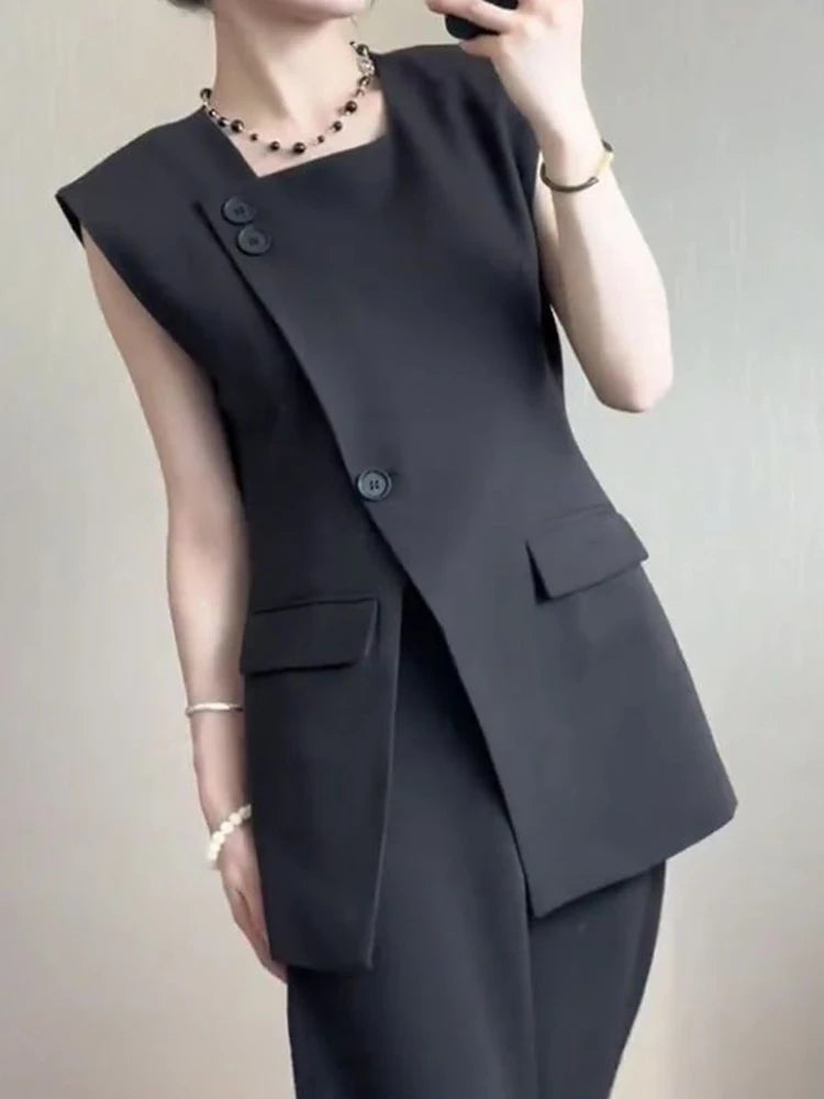 Black Button Front Split Sleeveless Vest For Women