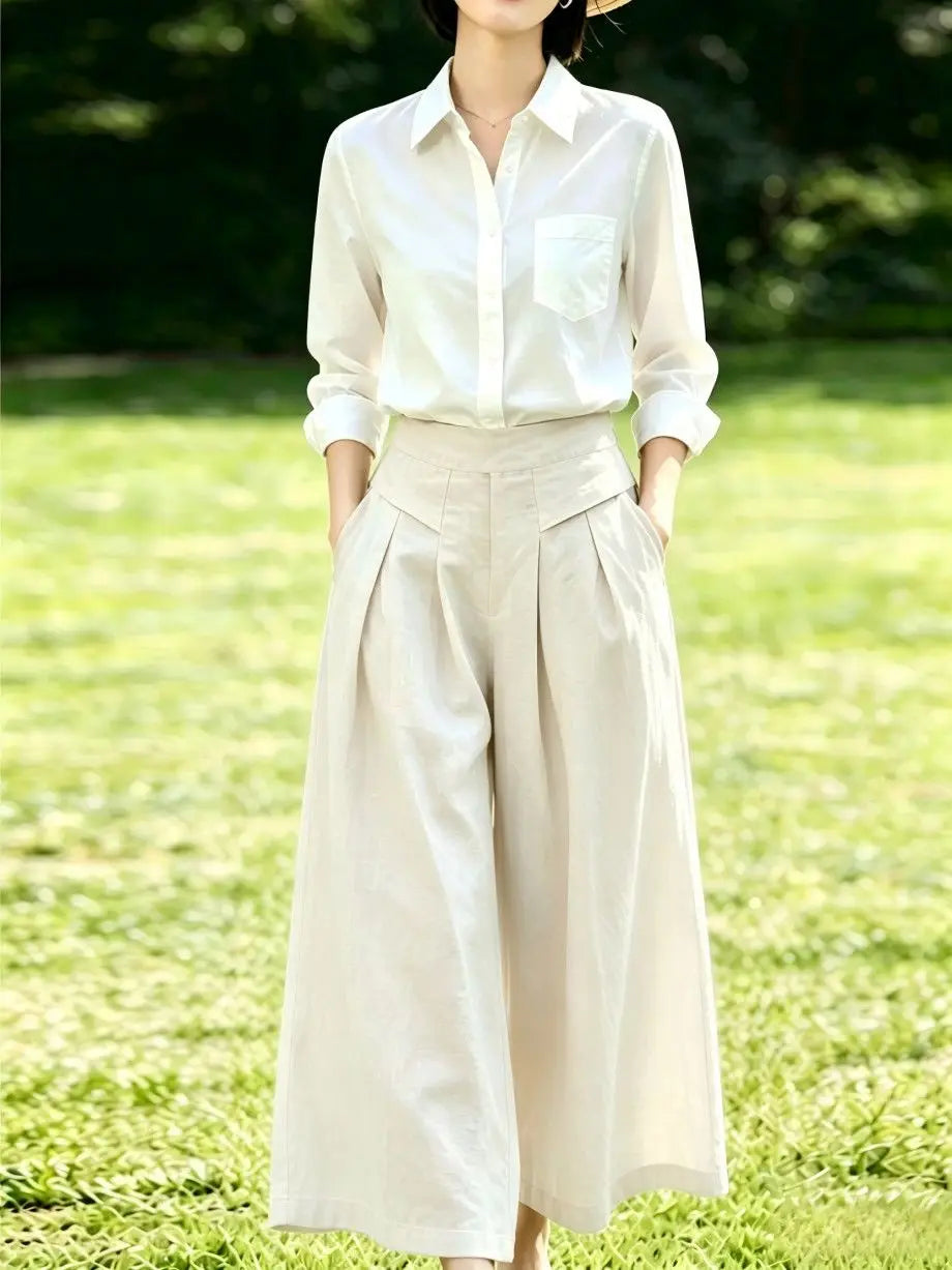 High-Waisted Cotton Linen Wide-Leg Culottes for Women