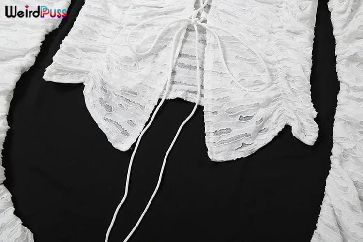 Weird Puss Ripped Chic Crop Tops Women Autumn Elegant Shirring Square Collar Elegant Ruched Full Sleeve Solid Streetwear Tees