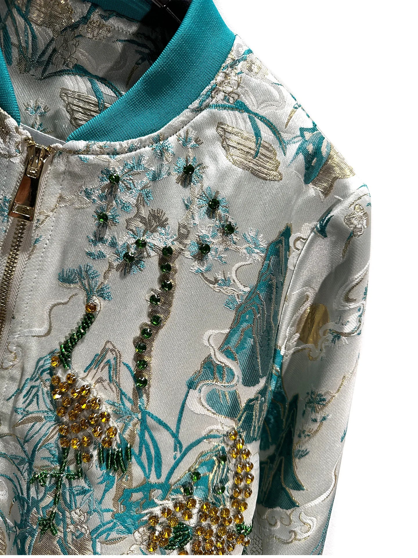 High-End Retro Baseball Jacket Women Short Coat Autumn New Heavy Beading Gold Stamping Jacquard Long Sleeve Elegant Jacket Top