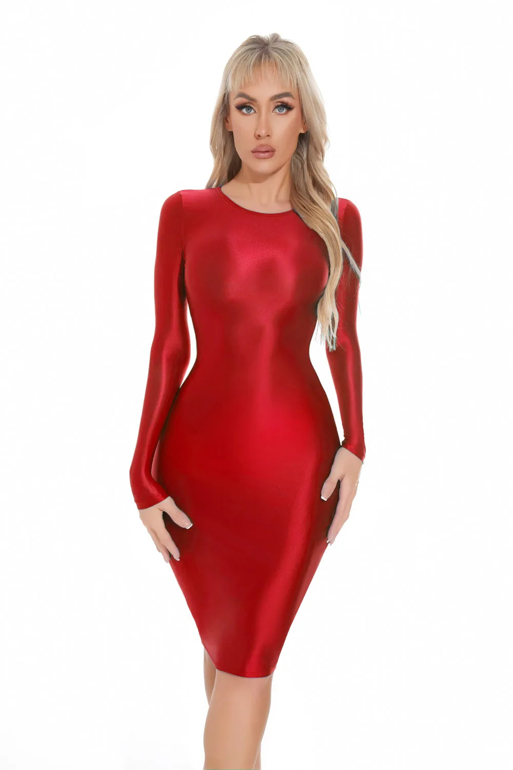 Shiny Long Sleeve Fitted Bodycon Midi Dress for Women