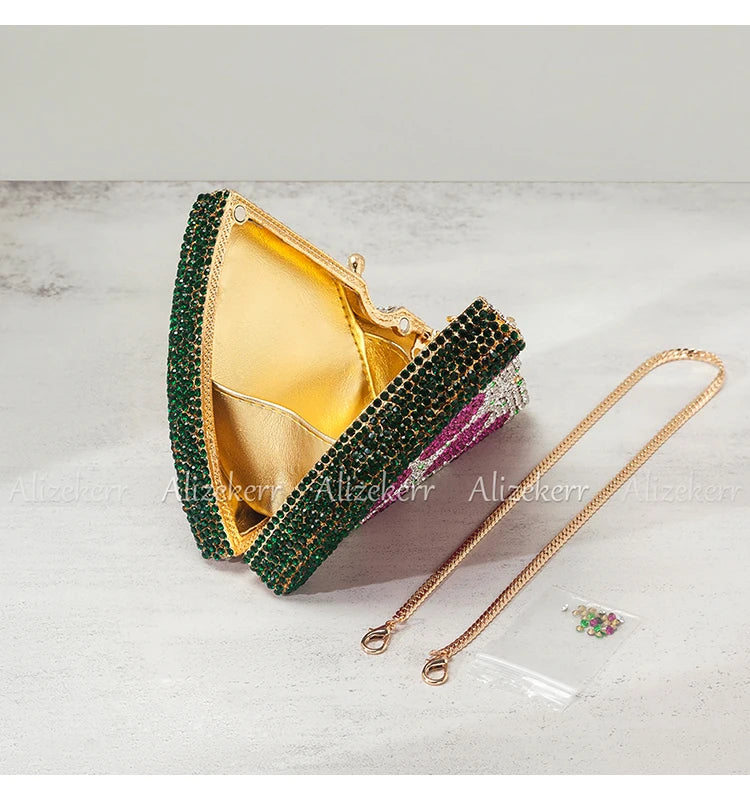 Alizekerr Pizza Shaped Diamond Evening Clutch Bags 2024 New Gorgeous Unique Metallic Watermelon Rhinestone Purses Wedding Party