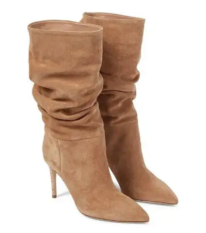Slip On Pleated Suede Pointed Toe Thin Heel Mid Calf Boots for Women