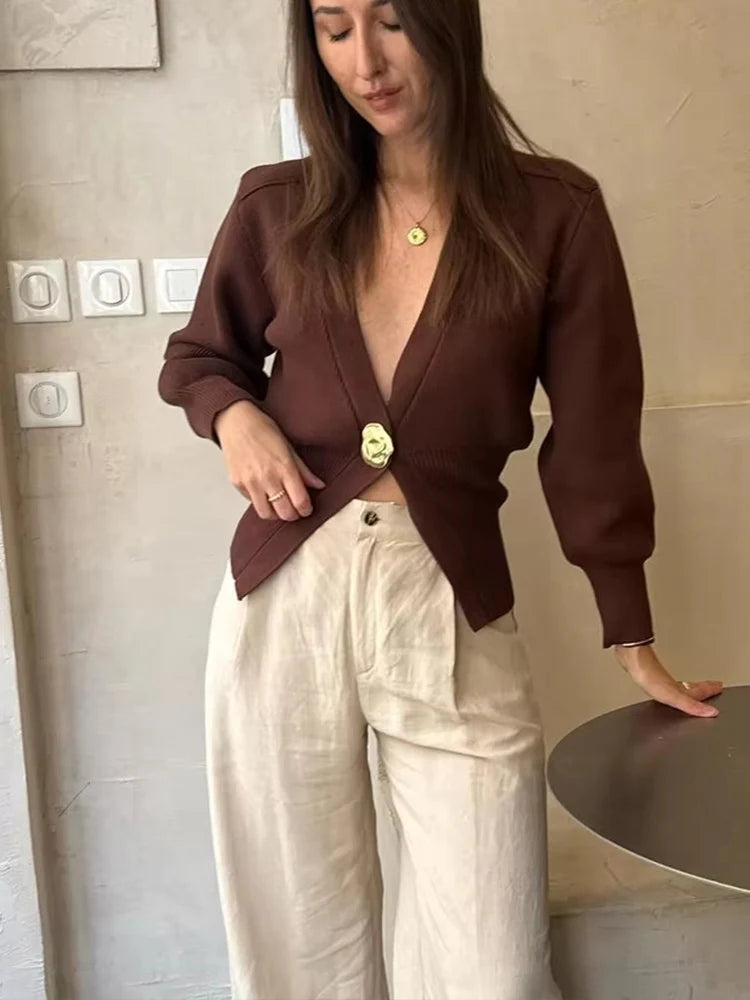 Casual V-Neck Knit Cardigan With Metal Button Detail for Women