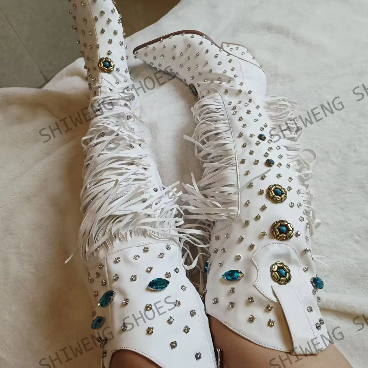 2025 Diamond Fringes Western Boots Women Sparkly Block High Heels Crystal Trim Shoes Ladies Winter Pointed Toe Knee High Boots
