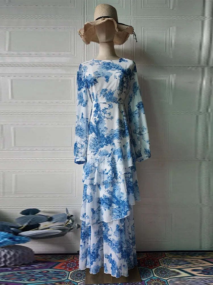 Cascading Ruffle Print Long Sleeve Maxi Dress for Women