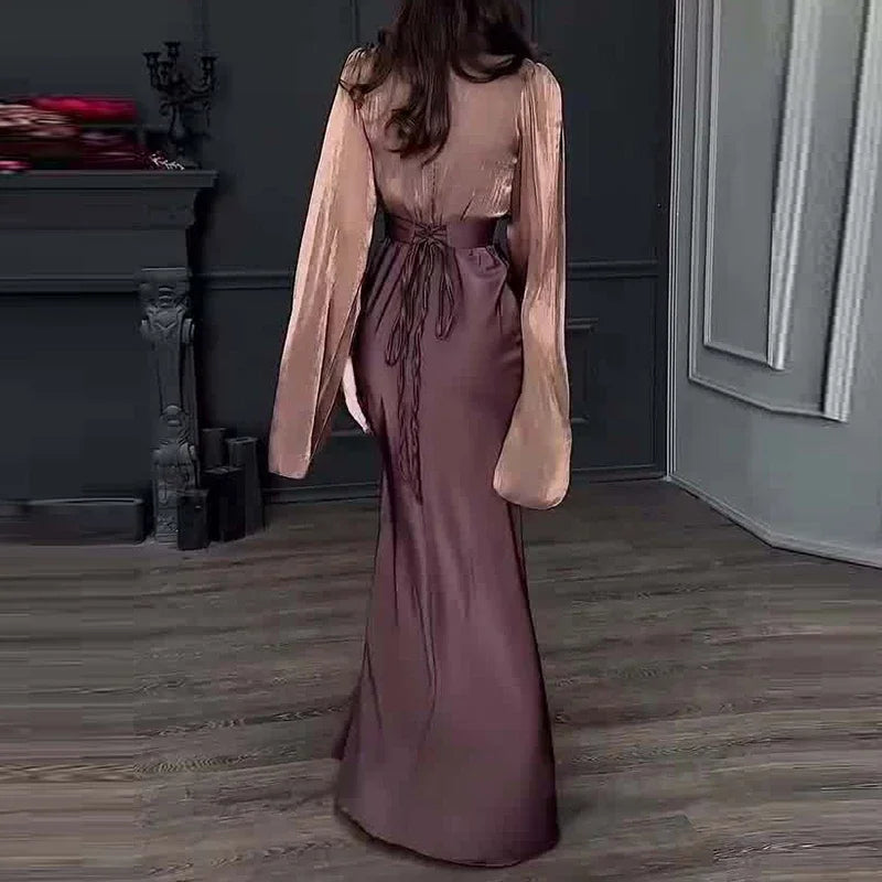Women's Spring Solid Spliced Satin Maxi Dress Sexy O Neck Slim Bodycon Hip Long Dress Summer Batwing Sleeve Hollow Evening Dress