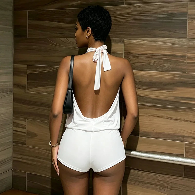 Metal Buckle Halter Backless Ruched Sleeveless Peach Rompers for Women