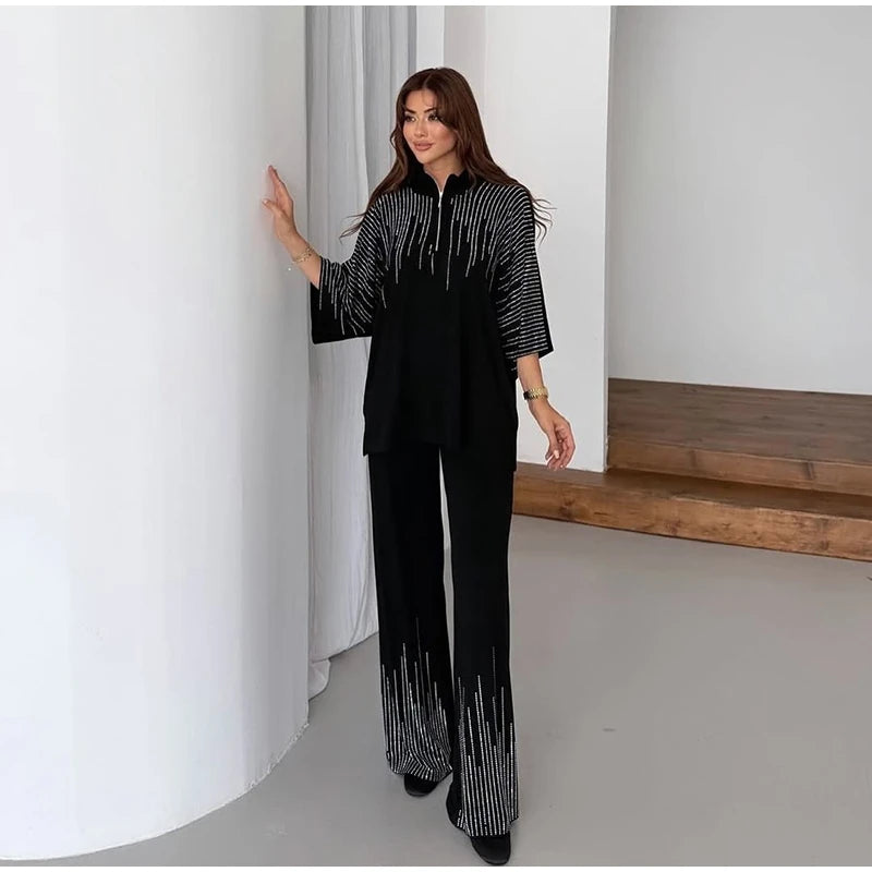 Elegant Casual Sequin Two Piece Top And Pants Set For Women