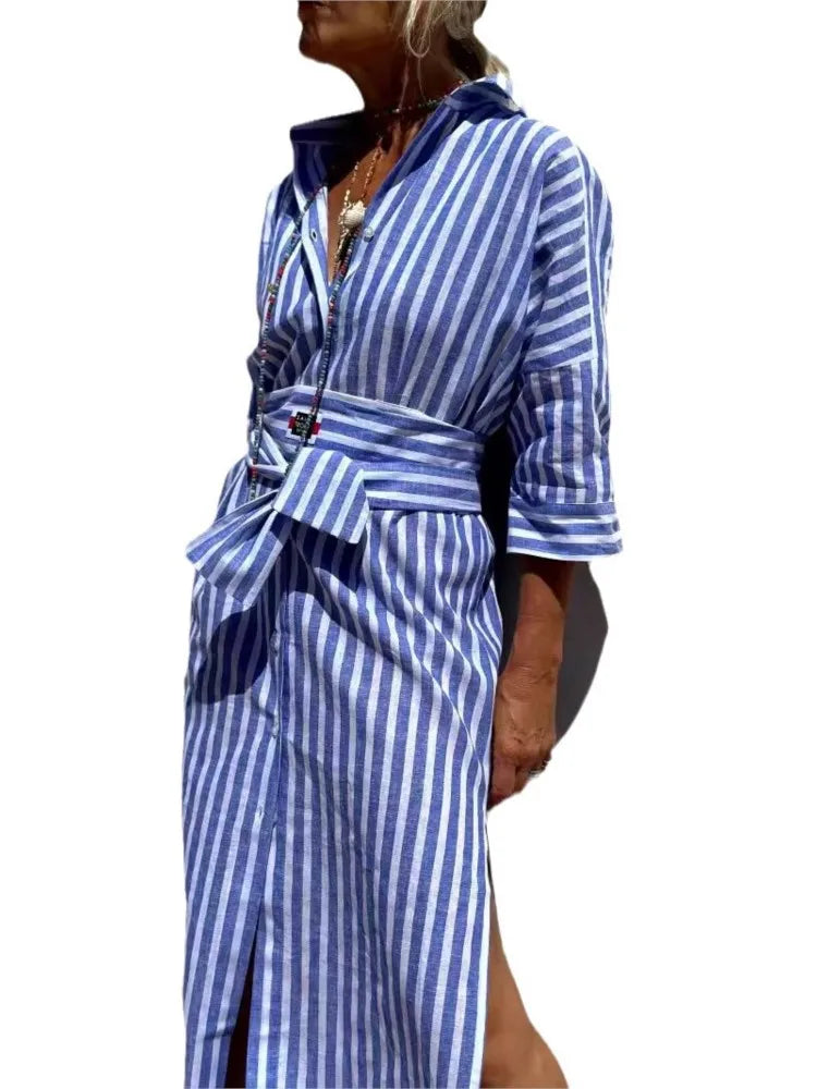 Striped Belted Ankle Length Half Sleeves Lapel Dress for Women