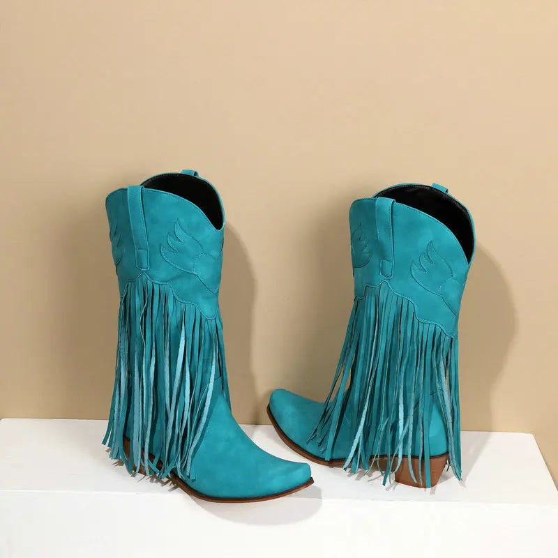 Retro Western Style Mid Calf Boots With Block Heel Tassels For Women