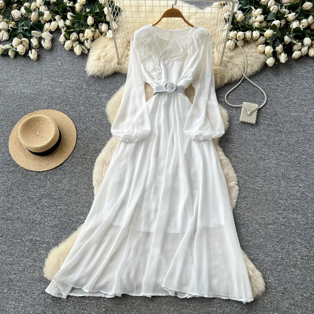 Floral Lace V Neck Long Sleeve A Line Midi Dress for Women