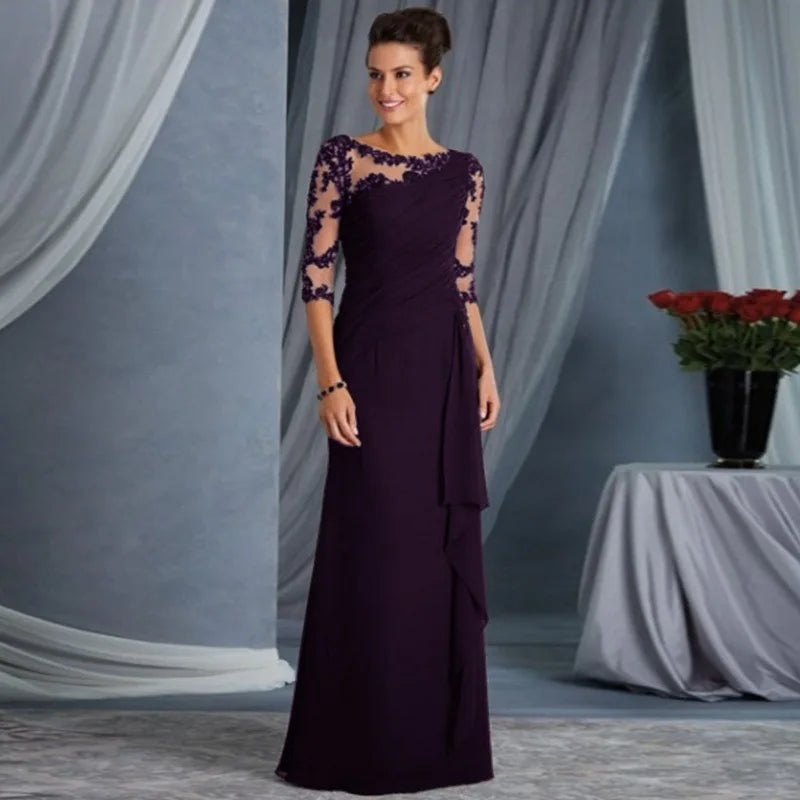 Elegant Lace Patchwork Mid Sleeve Long Dress for Women