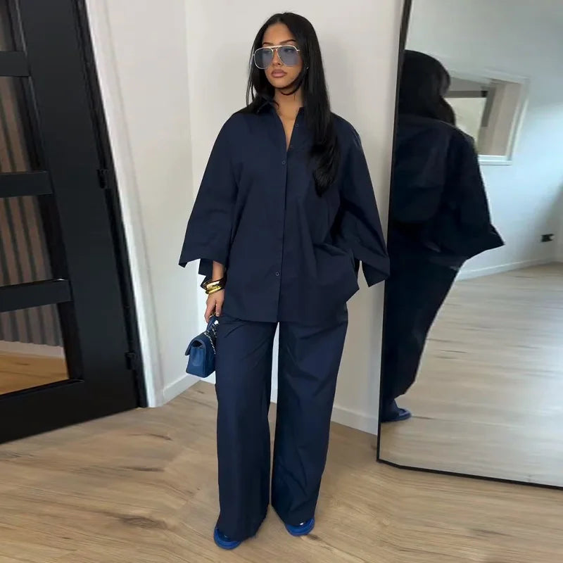 Casual Solid Shirt and Wide Leg Pants Set for Women