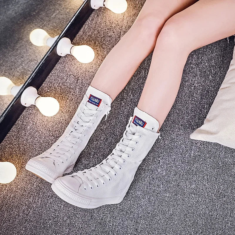 Casual Lace-Up Canvas Mid-Calf Flat Boots for Women