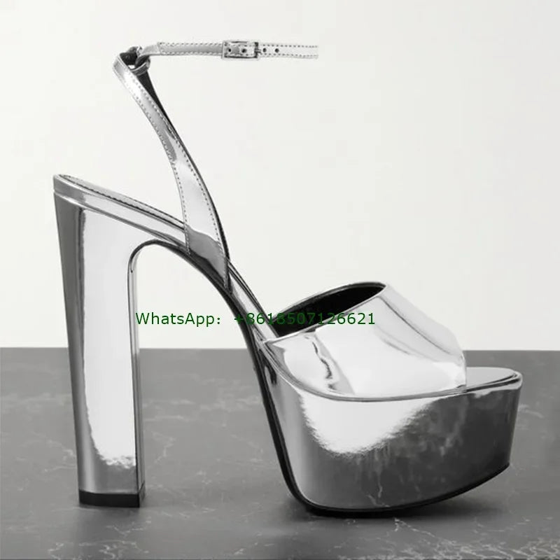 Silver Patent Leather Crystal Buckle Platform Sandals for Women