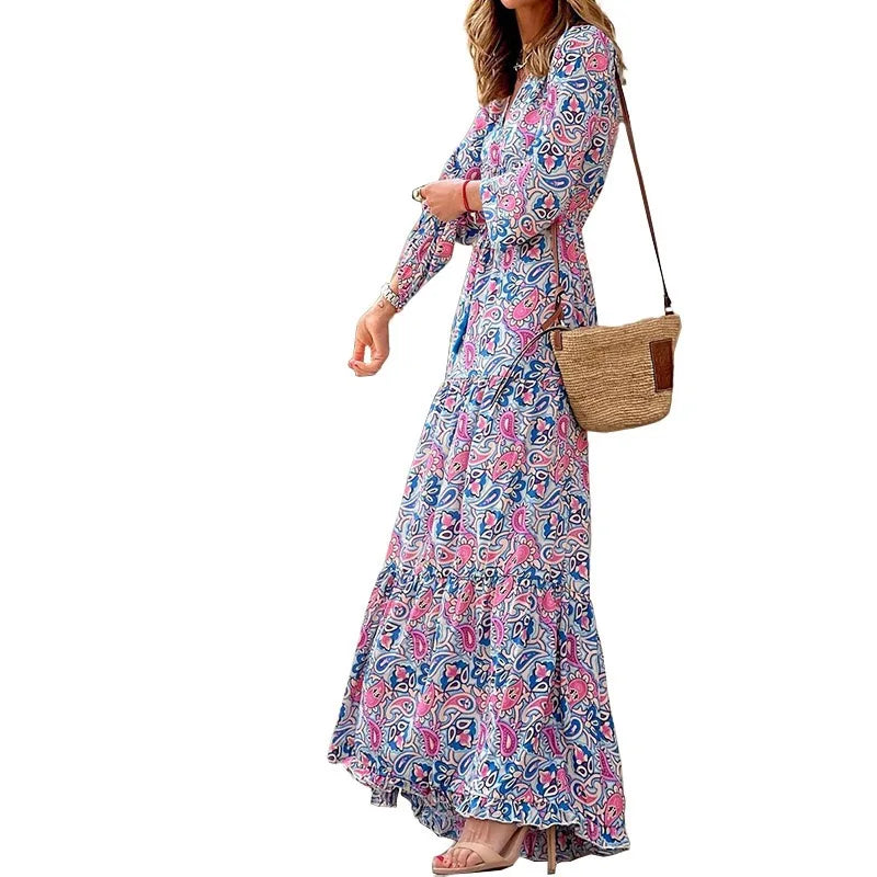 2026 New In-Stock Women's Fashion V-Neck Long-Sleeve Mid-Length Bohemian
