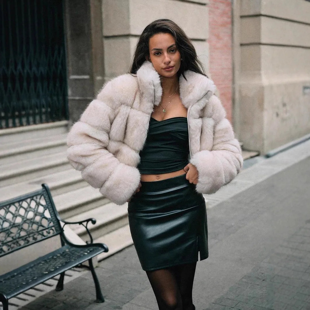 Women Faux Fox Fur Coats Short Jackets Zipper Coat Turn Down Collar Punk Loose Y2k Thick Outwear Jacket Casual 2025 Winter