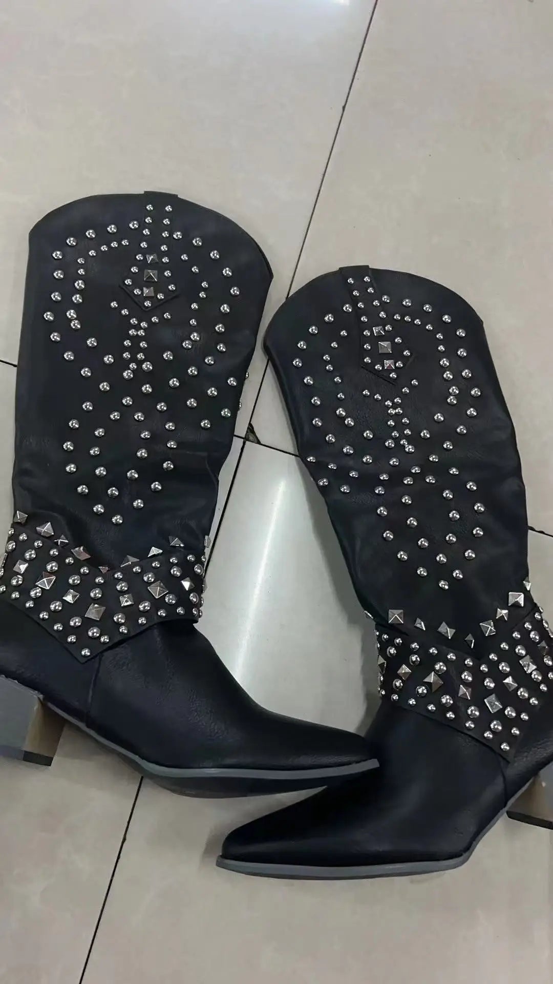 Riveted Western Pointed Toe Knee High Boots For Women