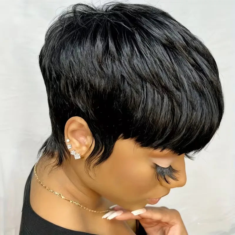 Straight Black Short Layered Pixie Wig Human Hair For Women