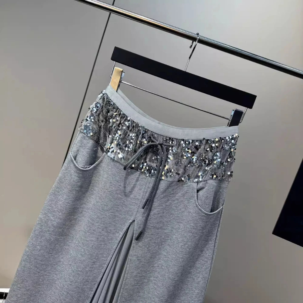 VGH Elegant Office Lady Patchwork Sequined Long Skirt for Women High Waist Spliced Mesh Split Temperament Skirts Female Spring