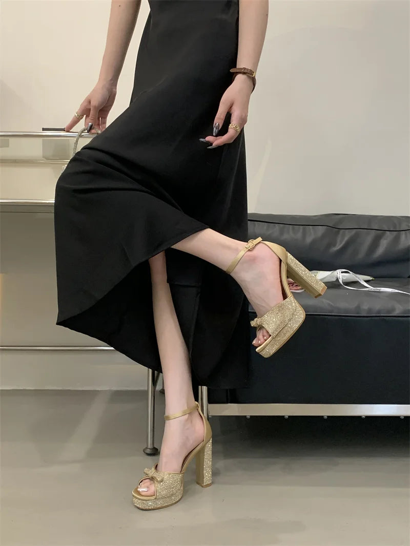 Crystal Bowknot Open Toe Platform Sandals for Women