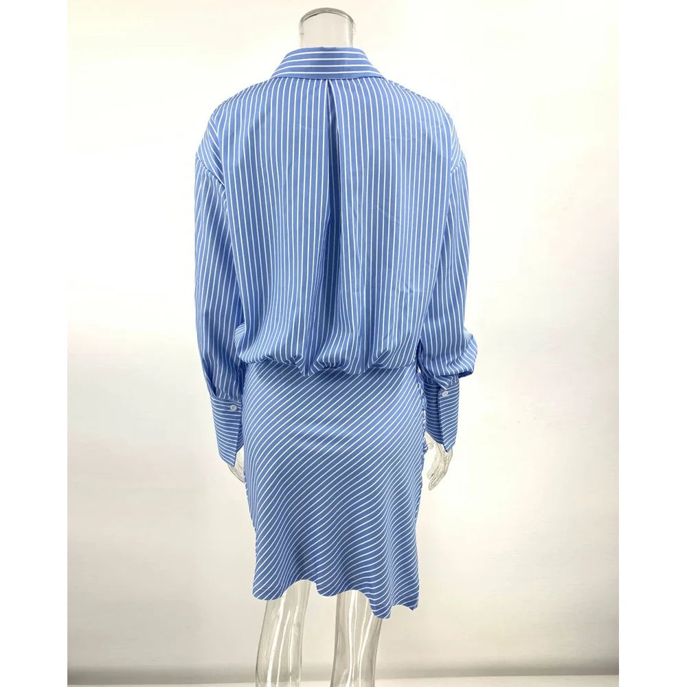 Elegant Women Casual Striped Long Sleeve Casual Button Front Turn-down Collar Dress Slim Waist Bodycon Midi Dress Work wear