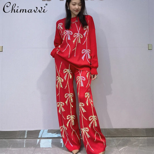 2025 Autumn New Fashion Rhinestone Knitted Two-Piece Set Loose Women's Top Casual Wide-Leg Pants Ladies Long Pants Suit