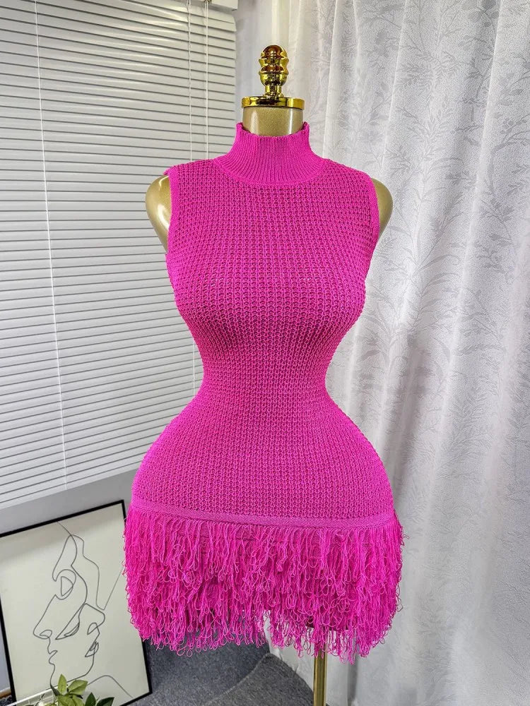 Elegant Round Neck Sleeveless Tassel Hem Bodycon Mini Knitted Dress for Women
