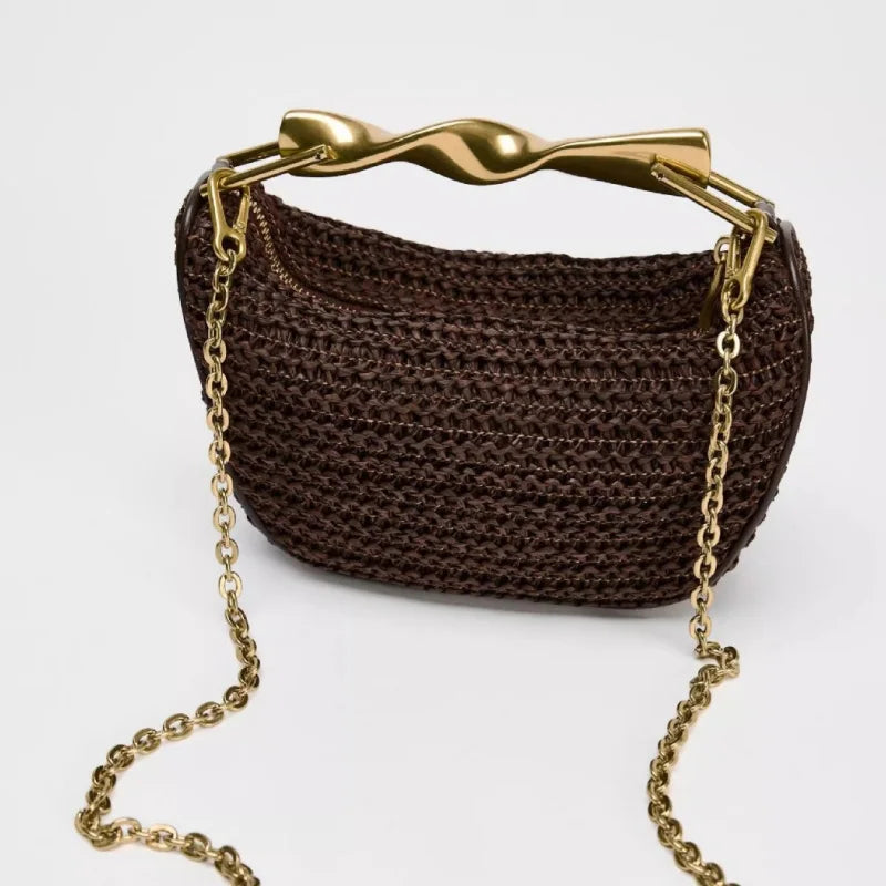 Women's Woven Bag Fashion Luxurious Simple Metal Evening Clutch Casual Versatile Vintage High-end Design  Women's Shoulder Bag