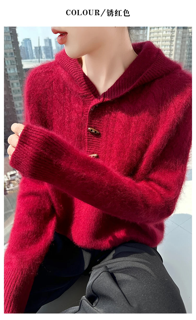 Chunky Knit Loose Hooded Pullover Sweater for Women