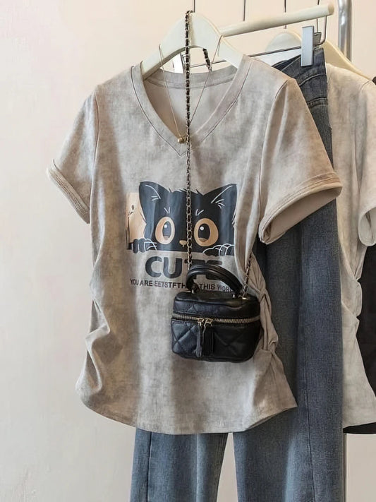 100% Cotton Washed Vintage Cat Print Short sleeve T shirt Women V neck Oversize Shirring Summer Top Lady Casual Tees