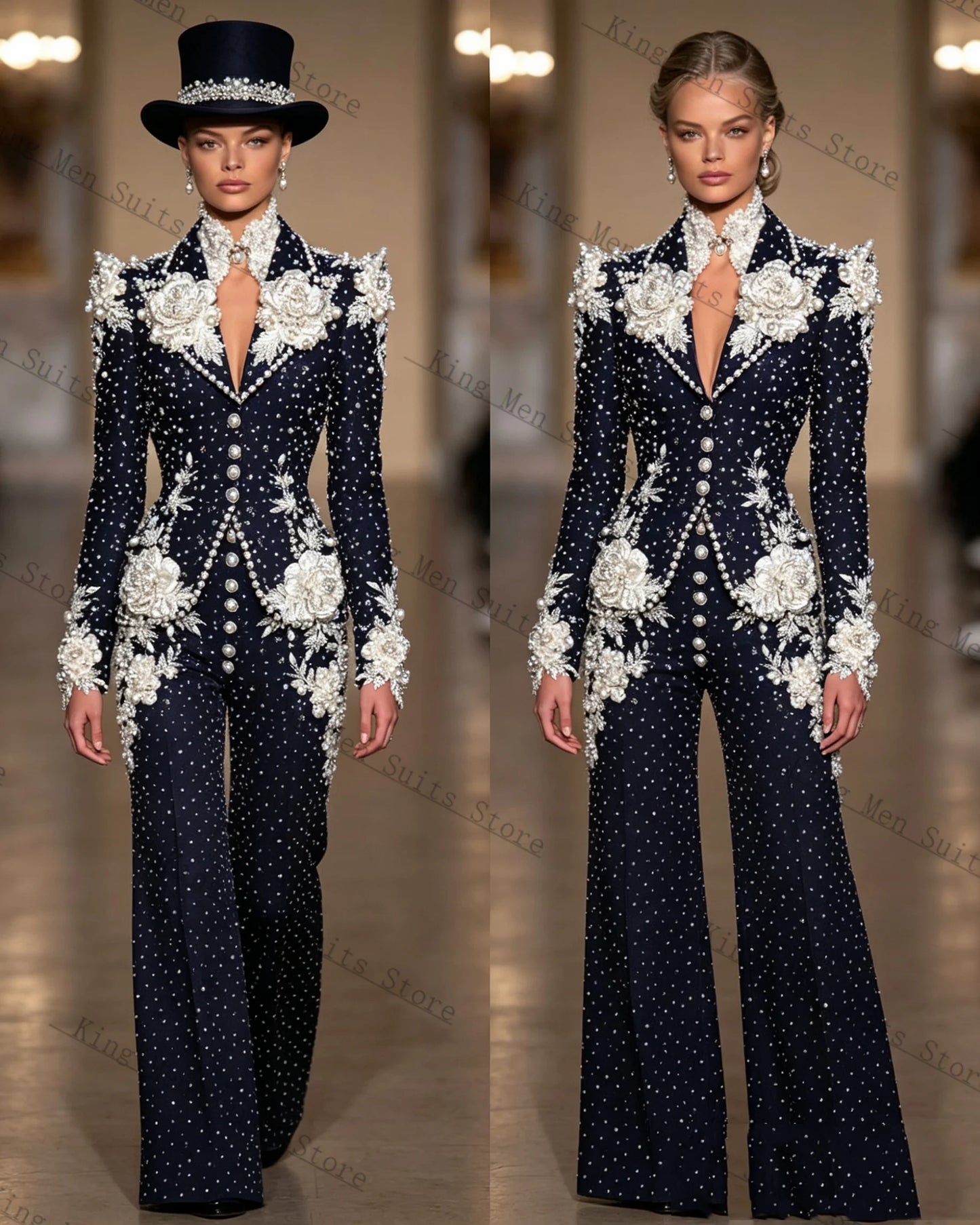 Pearls Formal Women Suits Set 2 Piece Blazer+Pants Trousers 3D Flower Customized Office Lady Jacket Luxury Wedding Prom Coat