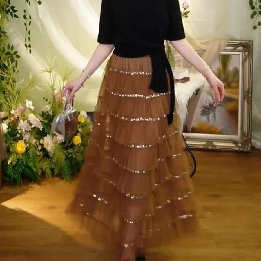 Sequin Layered Mesh High Waist A Line Party Skirt For Women