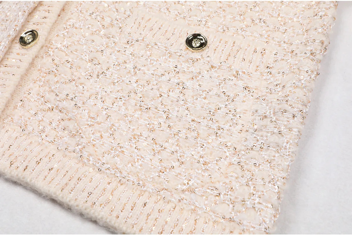 2025 Spring and Autumn New High-end Fashion Long-sleeved Sequined Knitted Cardigan Elegant Commuter V-neck Cardigan Top Jacket