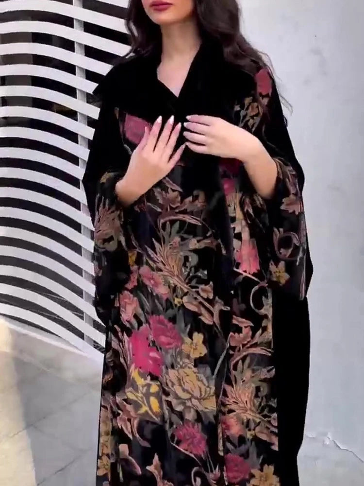 Elegant V-neck Splicing Robe Windbreaker Women's Casual Long Sleeve Draped Loose Jacket Fashion Flower Print Color Blocked Coats