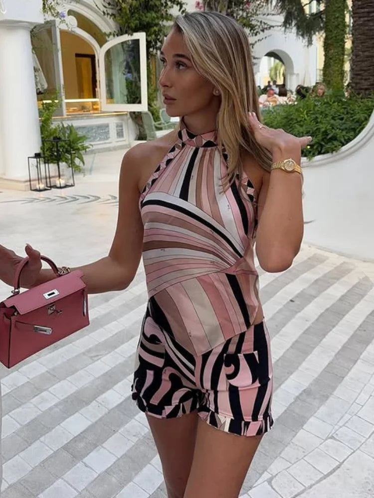 Geometric Print Top pant suits Women two pieces set round neck long sleeve Blouse loose pant Vacation Beach vacation pant outfit