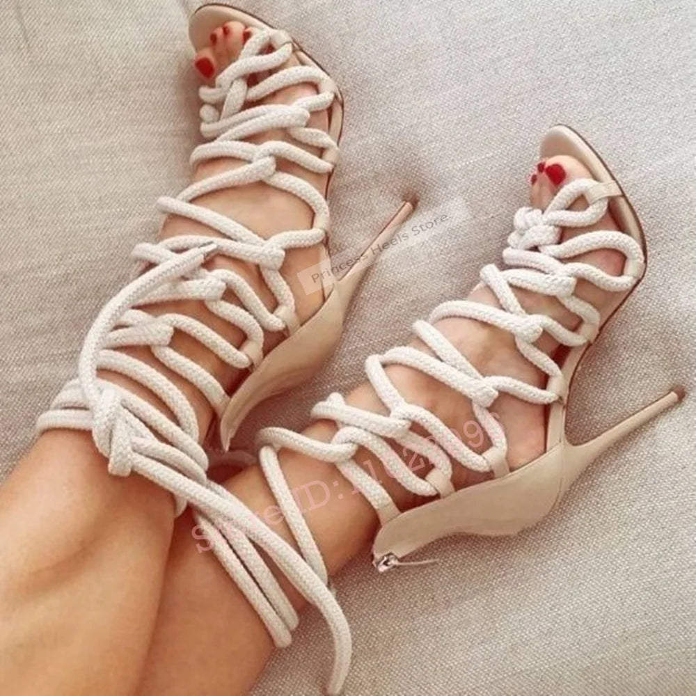 Cross Straps Hollow Cuts Open Toe Lace Up Sandals for Women