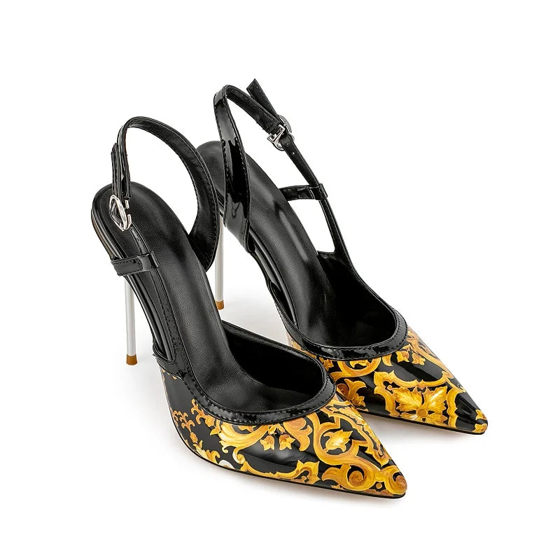 Floral Print Elegant Stiletto Sandals Open Toe for Women