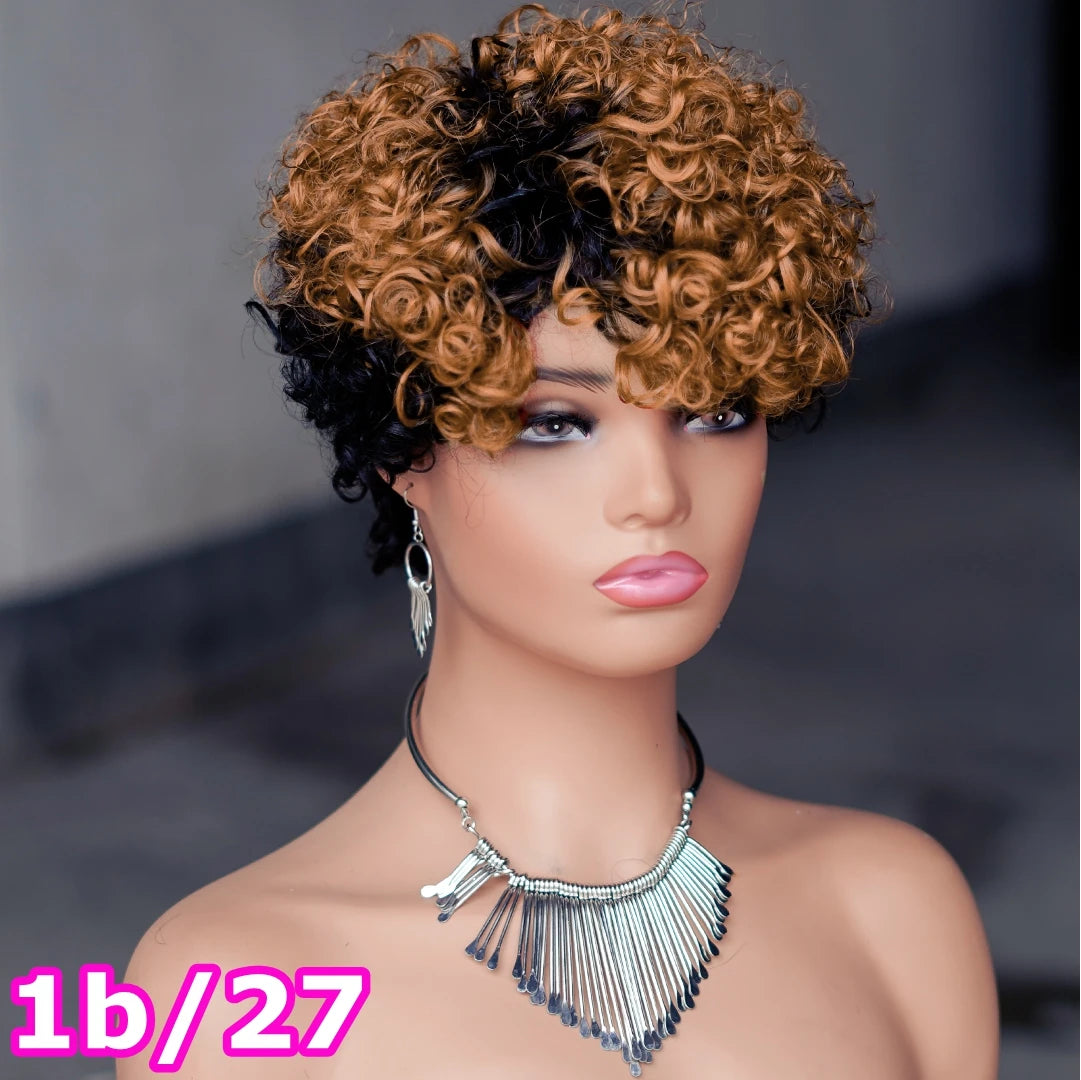 Short Curly Pixie Cut Brazilian Human Hair Wig for Women