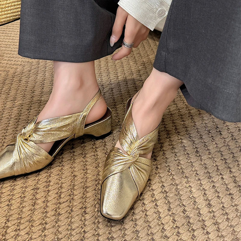 Handmade Real Leather Bowtie Square Heel Slingback Sandals for Women