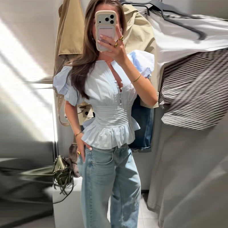 Elegant Puff Sleeve Cinched Waist Solid Color Blouse for Women