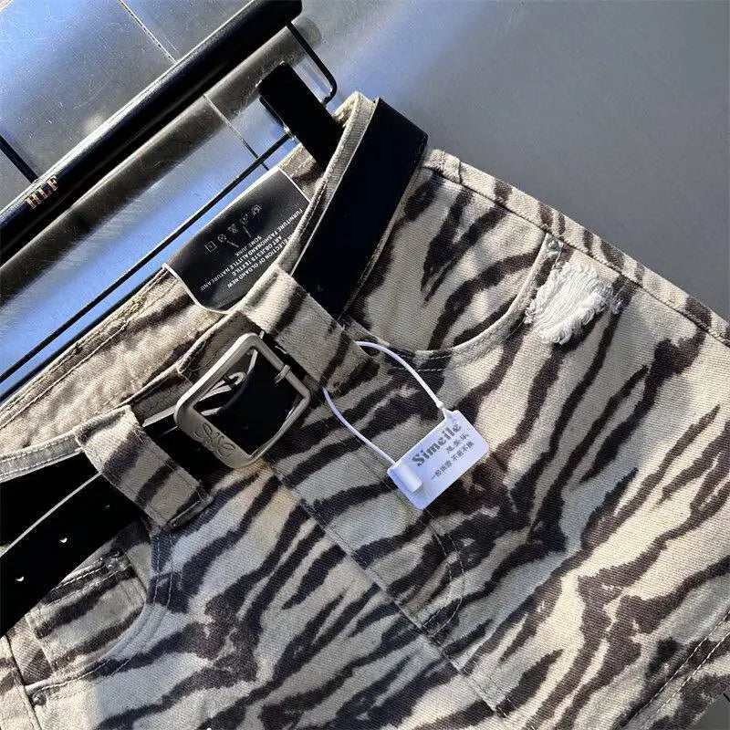 Retro High Waist Zebra Print Denim Mini Skirt For Women