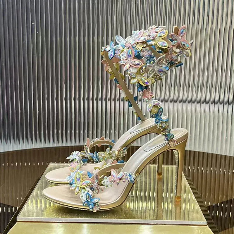 Crystal Strappy Wrap Ankle Stiletto Sandals for Women