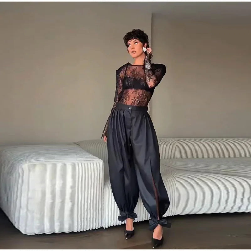 Sheer Lace Long Sleeve Blouse With Shoulder Pads for Women